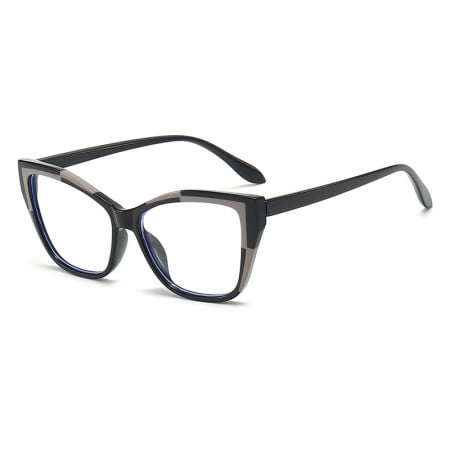 Ochelari de vedere - Ochelari de protectie pentru calculator, model Cat-Eye, ecran telefon, laptop, TV, fara dioptrii, lentile transparente, rama in doua culori, antireflex, anti lumina albastra, unisex, Tessero, negru