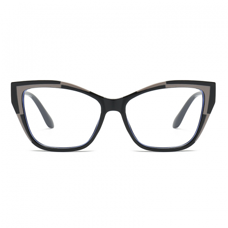 Ochelari de protectie pentru calculator, model Cat-Eye, ecran telefon, laptop, TV, fara dioptrii, lentile transparente, rama in doua culori, antireflex, anti lumina albastra, unisex, Tessero, negru [1]