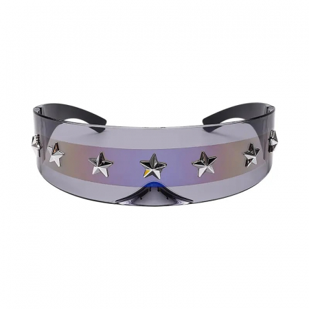 Ochelari de soare dama - Ochelari de soare circulari cu o singura lentila, model stil Ciclop cu stelute imprimate, protectie UV400, unisex albastru, Tessero