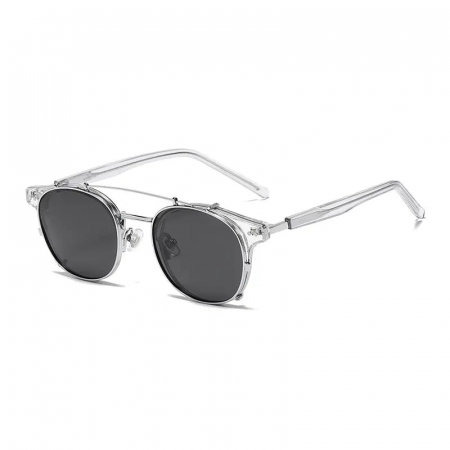 Ochelari de soare barbati - Ochelari de soare cu lentila dubla detasabila, protectie UV400, model SteamPunk retro, unisex, Tessero, argintiu