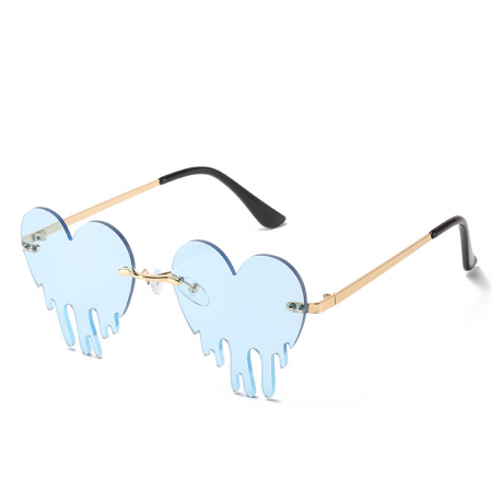 Ochelari de soare dama - Ochelari de soare cu model, lentile in forma de inima, rama metalica, protectie UV400, albastru si auriu