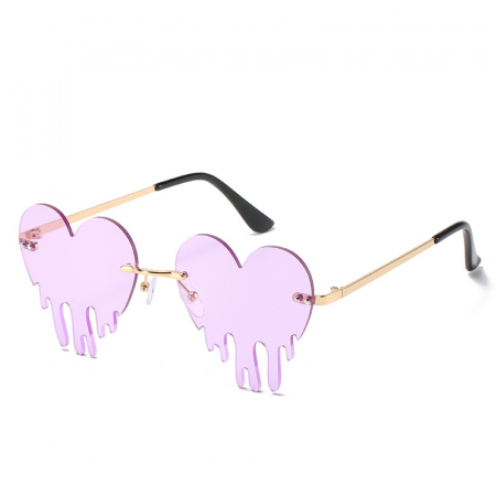 Ochelari de soare dama - Ochelari de soare cu model, lentile in forma de inima, rama metalica, protectie UV400, mov si auriu