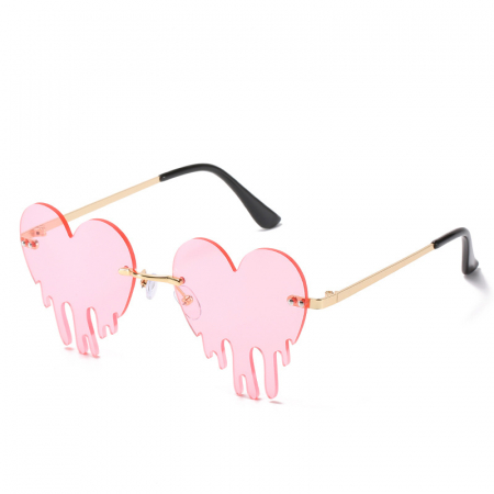 Ochelari de soare dama - Ochelari de soare cu model, lentile in forma de inima, rama metalica, protectie UV400, roz si auriu