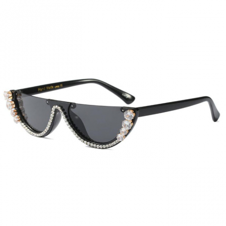 Ochelari de soare dama - Ochelari de soare dama, Cat Eye slim, model cu pietre din zirconiu, UV400, negru, Tessero