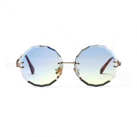 Ochelari de soare dama - Ochelari de soare dama rotunzi, lentile diamond cut degrade cu tenta albastra, brate metalice, protectie UV400, auriu