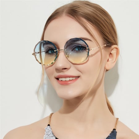 Ochelari de soare dama rotunzi, lentile diamond cut degrade cu tenta albastra, brate metalice, protectie UV400, auriu [1]