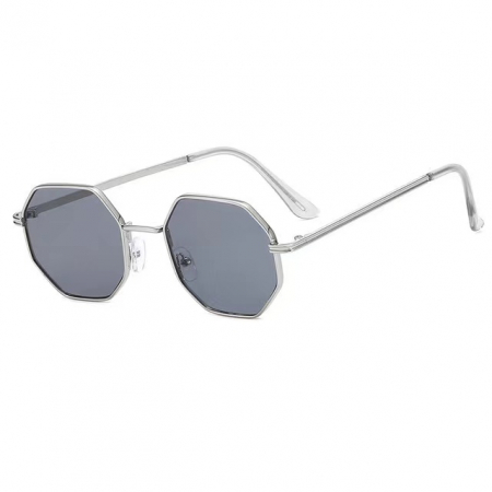 Ochelari de soare barbati - Ochelari de soare in forma hexagonala, unisex, protectie UV400, rame metalice, Tessero, argintiu
