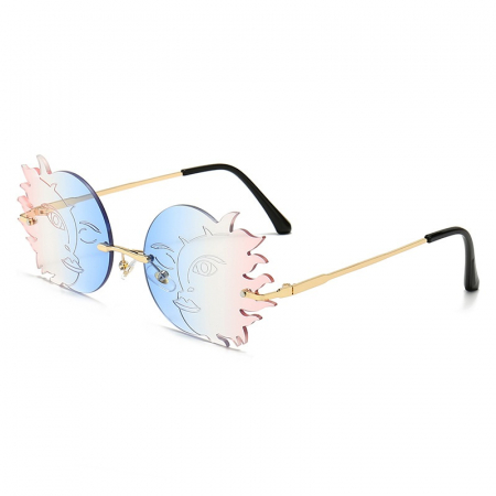 Ochelari de soare dama - Ochelari de soare, lentile cu model in forma de luna si soare, tenta de albastru si roz, UV400, Tessero, auriu