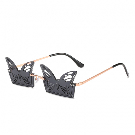Ochelari de soare dama - Ochelari de soare, lentile in forma de fluture, rame din metal, UV400, Tessero, negru si auriu
