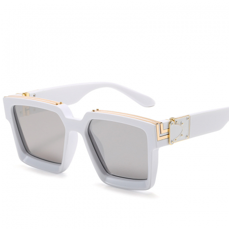 Ochelari de soare barbati - Ochelari de soare Luxury Square, unisex, decorata cu metale de culoare aurie, protectie UV400, Tessero, alb