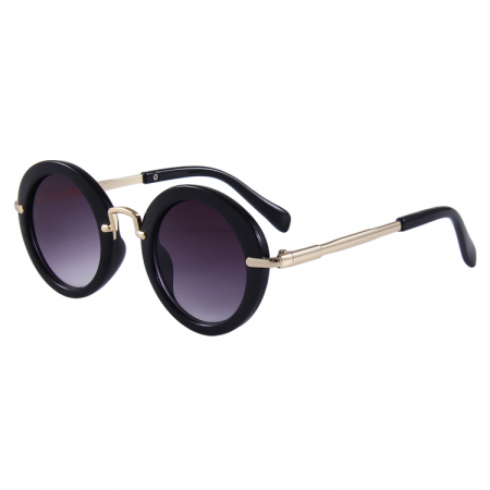 Ochelari de soare dama - Ochelari de soare pentru copii, unisex, model rotund, protectie UV400, brate metalice, Tessero, negru si auriu