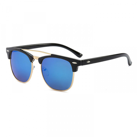 Ochelari de soare barbati - Ochelari de soare retro, model Clubmaster, rama metalica, lentila albastra, unisex, negru, UV400