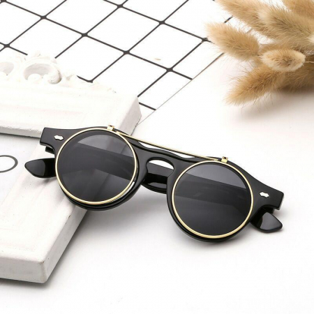 Ochelari de soare rotunzi Retro Vintage, model cu lentile rabatabile, protectie UV400, unisex, rame metalice, Tessero, negru [1]