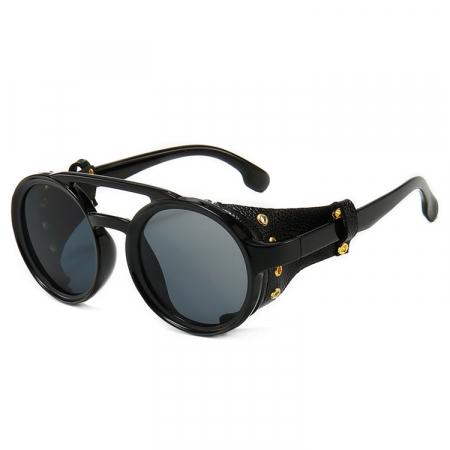Ochelari de soare barbati - Ochelari de soare rotunzi Steampunk, unisex, model retro cu piele naturala laterala, protectie UV400, negru