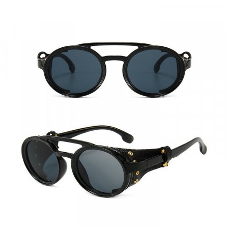Ochelari de soare rotunzi Steampunk, unisex, model retro cu piele naturala laterala, protectie UV400, negru [1]