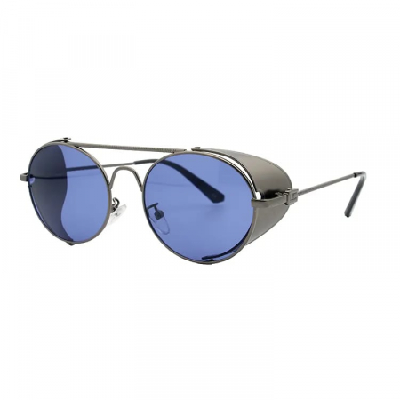 Ochelari de soare rotunzi SteamPunk Vintage slim, lentila albastra, protectie laterala, UV400, unisex, Tessero, argintiu [2]