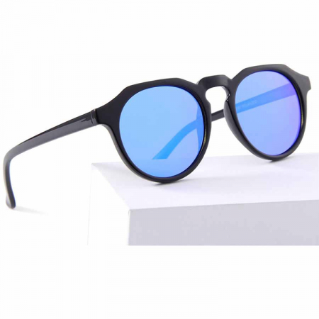 Ochelari de soare barbati - Ochelari de soare rotunzi, unisex, protectie UV400, Tessero, lentila polarizata albastra, negru