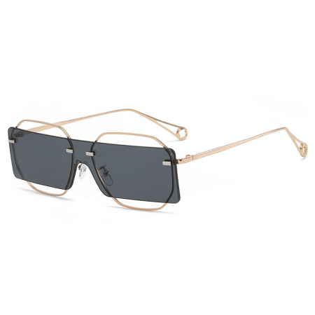Ochelari de soare dama - Ochelari de soare, unisex, model cu o singura lentila iregulara, rame din metal auriu, protectie UV400, auriu si negru