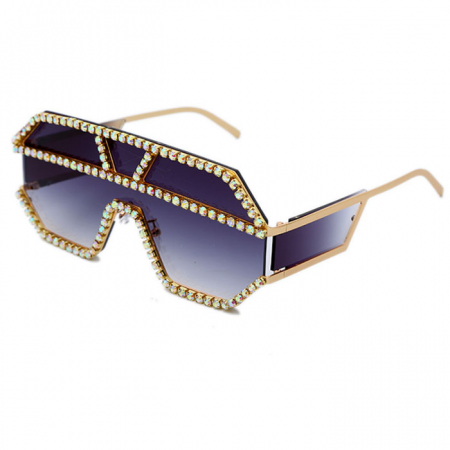Ochelari de soare dama - Ochelari de soare unisex, model decorat cu pietre din zirconiu, lentile laterale, oversize, UV400, auriu si negru, Tessero