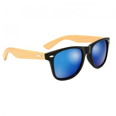 Ochelari de soare barbati - Ochelari de soare Wayfarer clasic, model lemn bambus, protectie UV400, unisex, lentile albastre, Tessero, negru