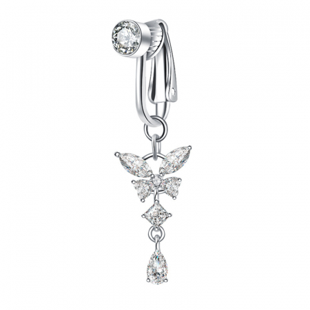 Bijuterii dama - Piercing cercel fals pentru buric, decorat cu pietre zirconiu, placat cu aur 18K, prindere prin agatare, model in forma de fluture, Tessero, argintiu
