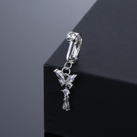 Piercing cercel fals pentru buric, decorat cu pietre zirconiu, placat cu aur 18K, prindere prin agatare, model in forma de fluture, Tessero, argintiu [1]