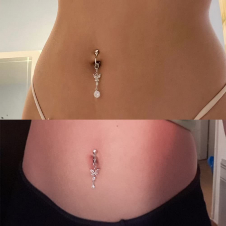 Piercing cercel fals pentru buric, decorat cu pietre zirconiu, placat cu aur 18K, prindere prin agatare, model in forma de fluture, Tessero, argintiu [2]