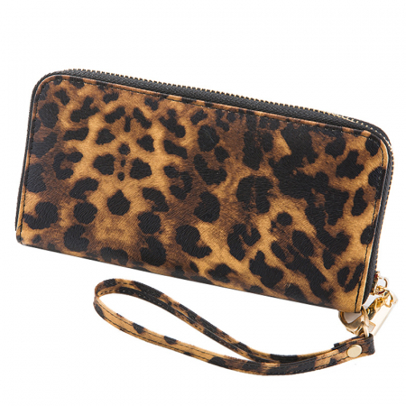 Portofele dama - Portofel de dama dreptunghiular animal print cu maner, compartimente multiple, inchidere cu fermoar, Tessero, negru
