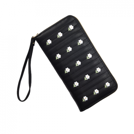 Portofele dama - Portofel de dama dreptunghiular din piele ecologica, model floral, compartimente multiple, maner, inchidere cu fermoar, Tessero, negru