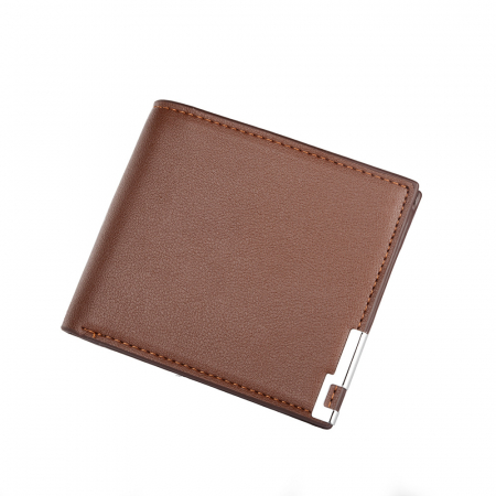 Portofele barbati - Portofel slim barbatesc din piele naturala, model cu colt metalic, multiple compartimente, Tessero, maro