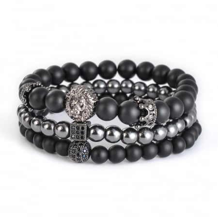 Bijuterii barbati - Set 3 bratari luxury cu coroana si bilute cu pietre din zirconiu