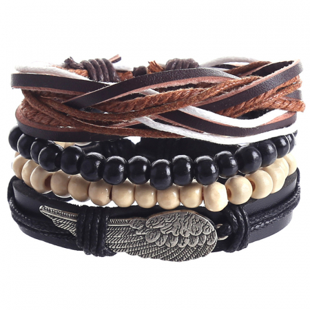 Bijuterii barbati - Set 4 bratari din piele naturala si pietre semipretioase, model in forma de aripa, marime reglabila, unisex, Tessero, negru si maro