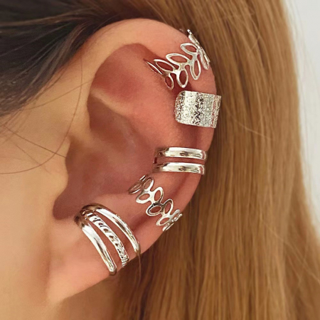 Set 5 Cercei tip Earcuff, accesorii pentru urechi din aliaj metalic, diferite modele, Tessero, argintiu [1]