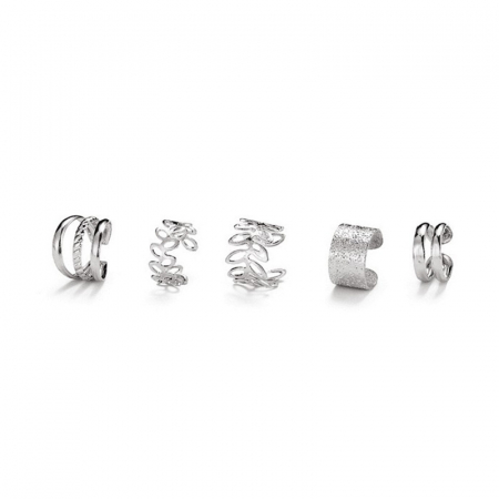 Bijuterii dama - Set 5 Cercei tip Earcuff, accesorii pentru urechi din aliaj metalic, diferite modele, Tessero, argintiu