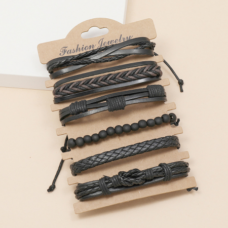 Bijuterii barbati - Set 6 bratari diferite modele cu multiple straturi din piele naturala, marime reglabila, model impletit, Tessero, negru