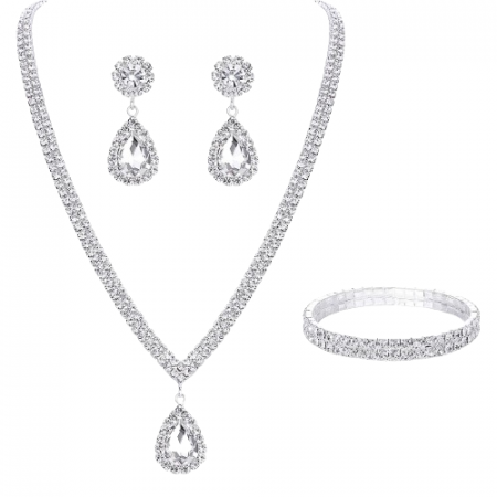 Bijuterii dama - Set bijuterii dama, colier, bratara tip tennis si cercei rain drop, pentru evenimente, ocazie, strasuri din pietre zirconiu, Tessero, argintiu