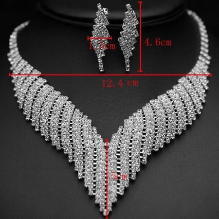 Bijuterii dama - Set bijuterii dama, colier si cercei cu strasuri din pietre zirconiu, pentru evenimente, ocazii, placat cu aur 18K, extensie reglabila, Tessero, argintiu