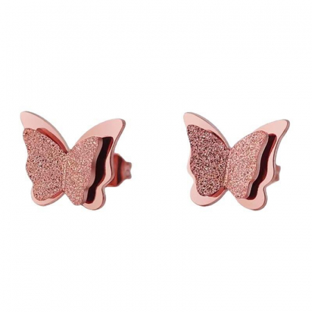 Bijuterii dama - Set bijuterii dama, colier si cercei din otel inoxidabil, model cu fluture, placat cu aur 18K, extensie reglabila, Tessero, rose gold