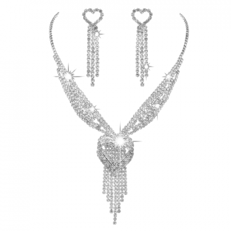 Bijuterii dama - Set bijuterii dama, colier si cercei rain drop, pentru evenimente, ocazie, strasuri din pietre zirconiu, model in forma de inima, Tessero, argintiu