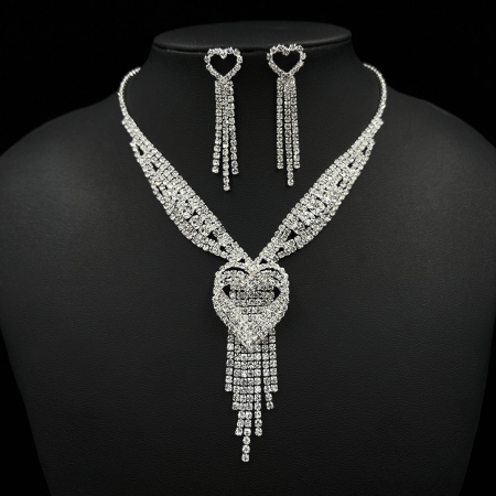Set bijuterii dama, colier si cercei rain drop, pentru evenimente, ocazie, strasuri din pietre zirconiu, model in forma de inima, Tessero, argintiu [1]