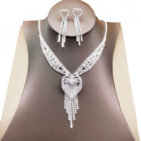 Set bijuterii dama, colier si cercei rain drop, pentru evenimente, ocazie, strasuri din pietre zirconiu, model in forma de inima, Tessero, argintiu [3]