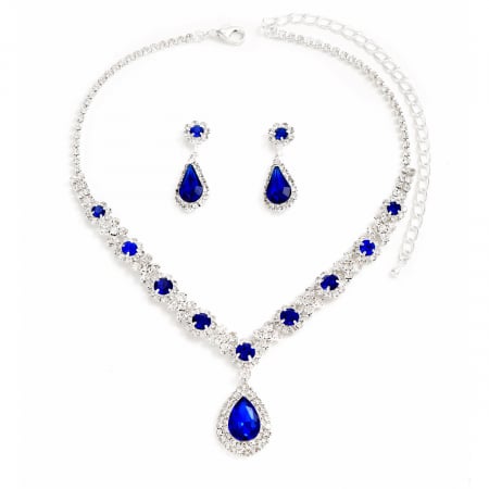 Bijuterii dama - Set bijuterii dama, colier si cercei rain drop, pentru evenimente, ocazie, strasuri din pietre zirconiu, piatre albastre cu efect de Safir, Tessero, argintiu