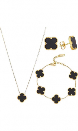 Bijuterii dama - Set bijuterii dama, colier si cercei si bratara, model in forma de trifoi, otel inoxidabil placat cu aur 18K, Tessero, auriu si negru