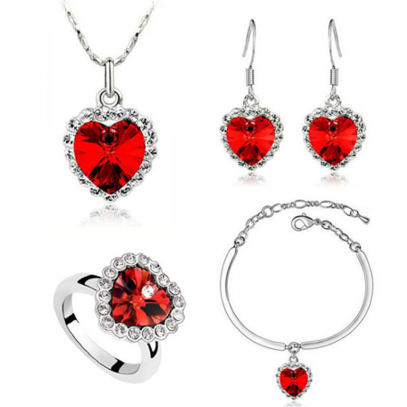 Bijuterii dama - Set bijuterii dama, lantisor cu pandantiv, bratara, inel si cercei, in model forma de inima, cristale zirconiu cu efect de cristal Sapphire, placat cu aur alb 18K, Tessero, rosu