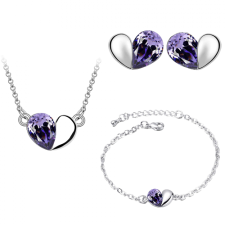 Bijuterii dama - Set bijuterii dama, lantisor cu pandantiv, bratara si cercei, in model forma de inima, cristale zirconiu cu efect de cristal Sapphire, placat cu aur alb 18K, Tessero, mov