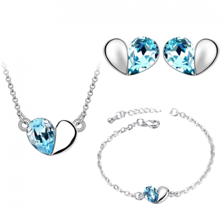 Bijuterii dama - Set bijuterii dama, lantisor cu pandantiv, bratara si cercei, in model forma de inima, cristale zirconiu cu efect de cristal Sapphire, placat cu aur alb 18K, Tessero, albastru