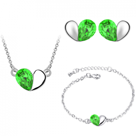 Bijuterii dama - Set bijuterii dama, lantisor cu pandantiv, bratara si cercei, in model forma de inima, cristale zirconiu cu efect de cristal Sapphire, placat cu aur alb 18K, Tessero, verde