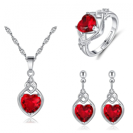 Set bijuterii dama, lantisor cu pandantiv, cercei rain drop si inel, in model forma de inima, cristale zirconiu cu efect de Rubin, placat cu aur alb 18K, Tessero, rosu si argintiu [3]