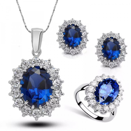 Bijuterii dama - Set bijuterii dama, lantisor cu pandantiv, cercei si inel marime 7, cristale zirconiu cu efect de Sapphire, placat cu aur alb 18K, Tessero, albastru
