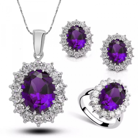 Bijuterii dama - Set bijuterii dama, lantisor cu pandantiv, cercei si inel marime 7, cristale zirconiu cu efect de Sapphire, placat cu aur alb 18K, Tessero, mov